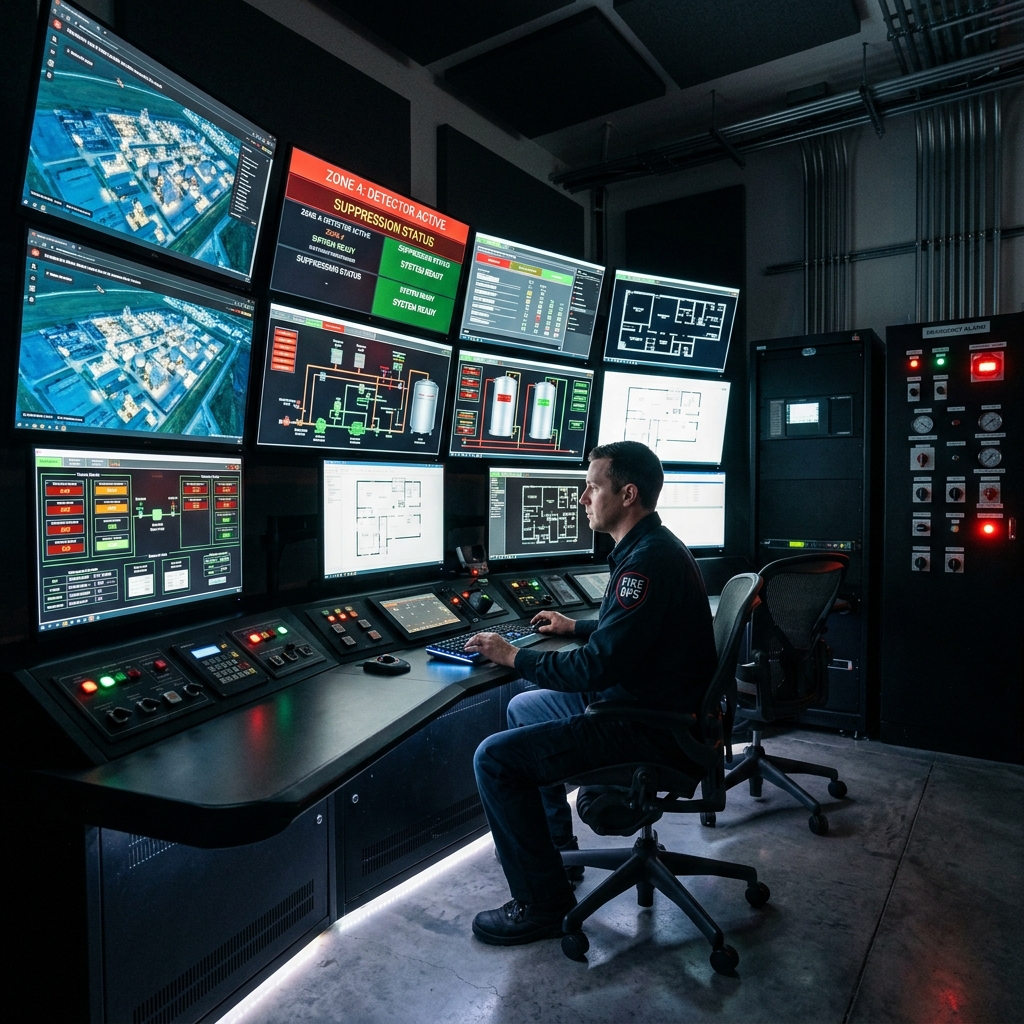 A cinematic, high-contrast shot of a modern industrial fire suppression control room.